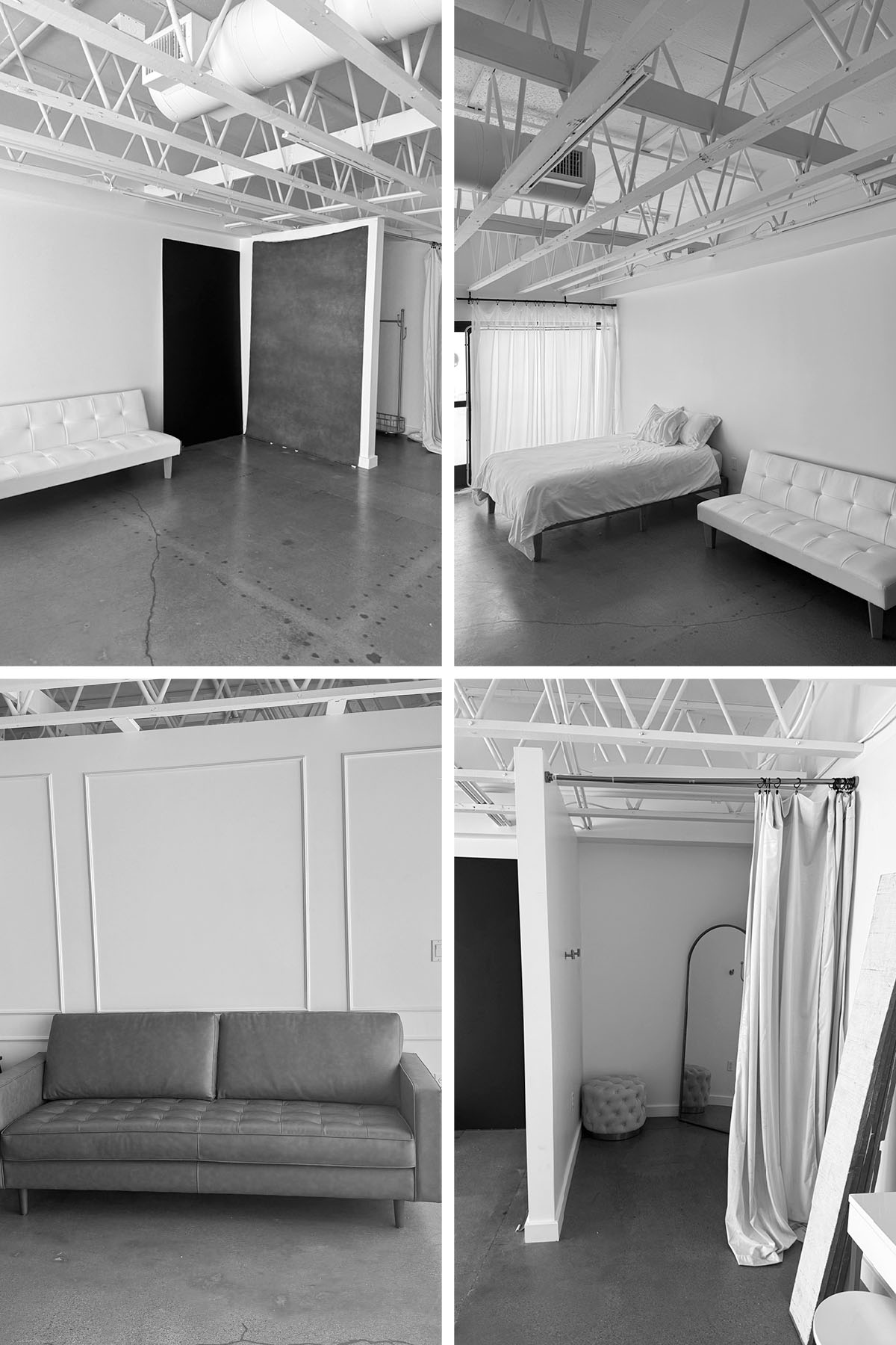 J Renee Studios Las Vegas studio interior — four views of the private all-female photography studio near McCarran, including main shooting space, bedroom set, paneled portrait wall, and dressing room