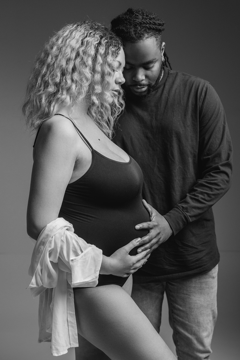 Boise modern maternity — intimate black-and-white couples portrait in studio